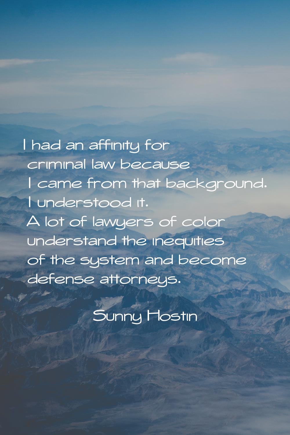 I had an affinity for criminal law because I came from that background. I understood it. A lot of l