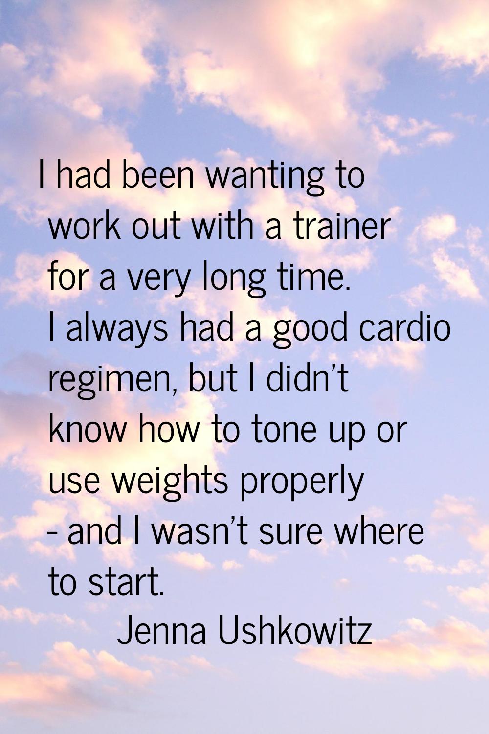 I had been wanting to work out with a trainer for a very long time. I always had a good cardio regi