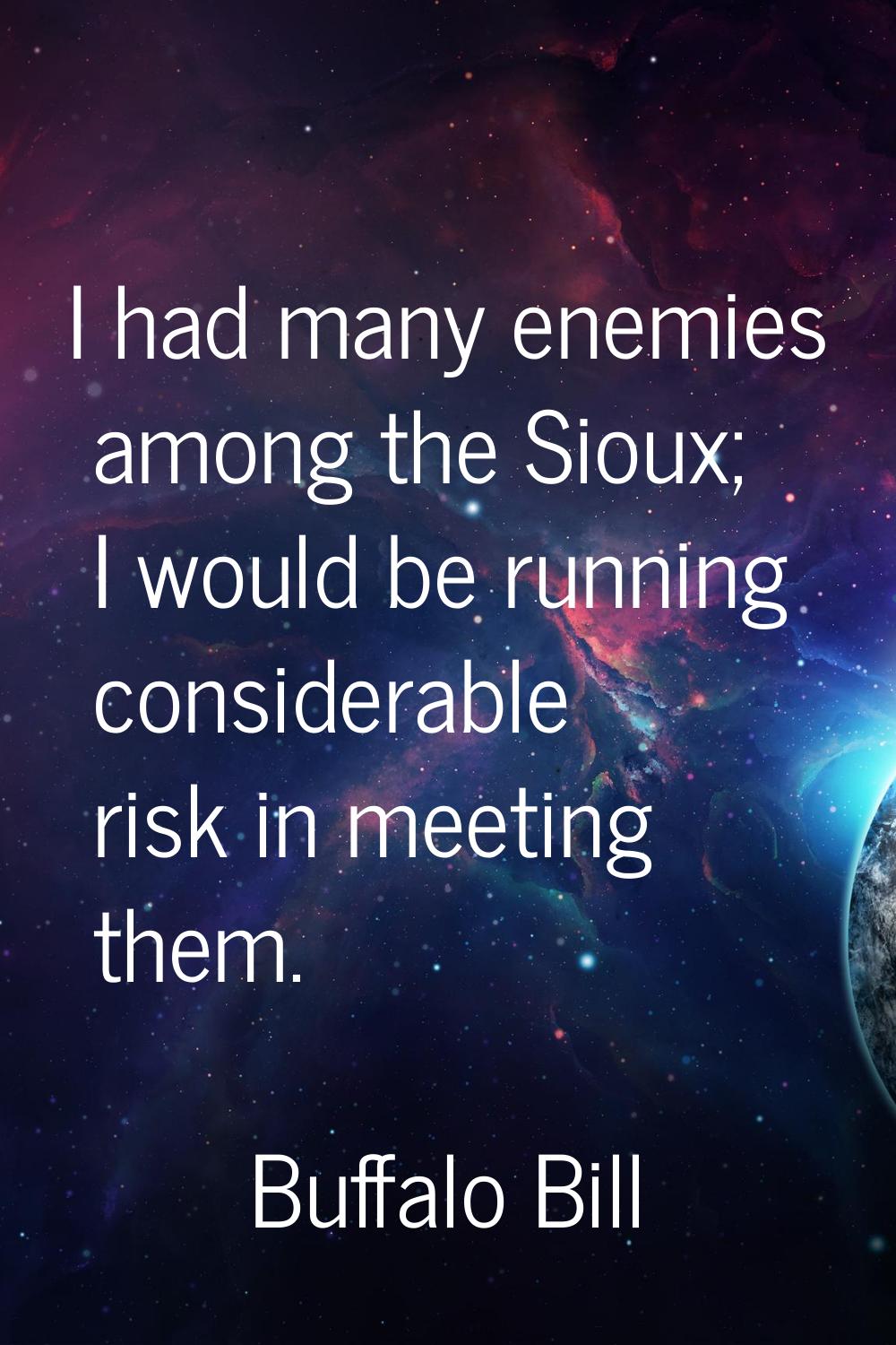 I had many enemies among the Sioux; I would be running considerable risk in meeting them.