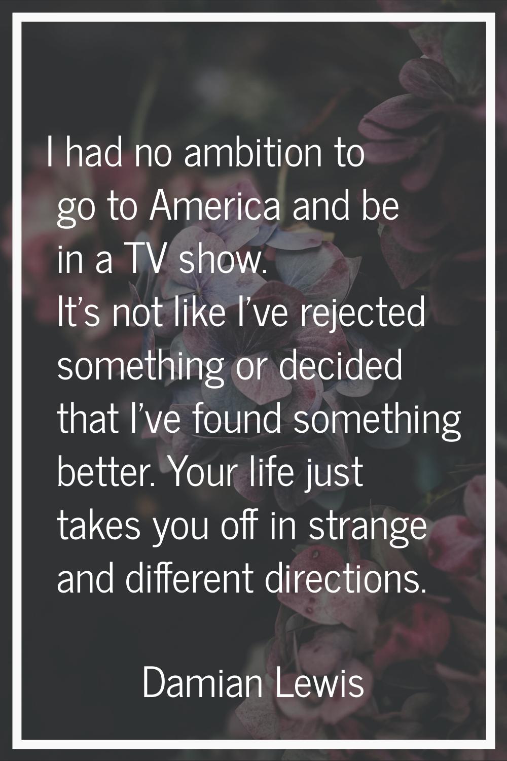 I had no ambition to go to America and be in a TV show. It's not like I've rejected something or de