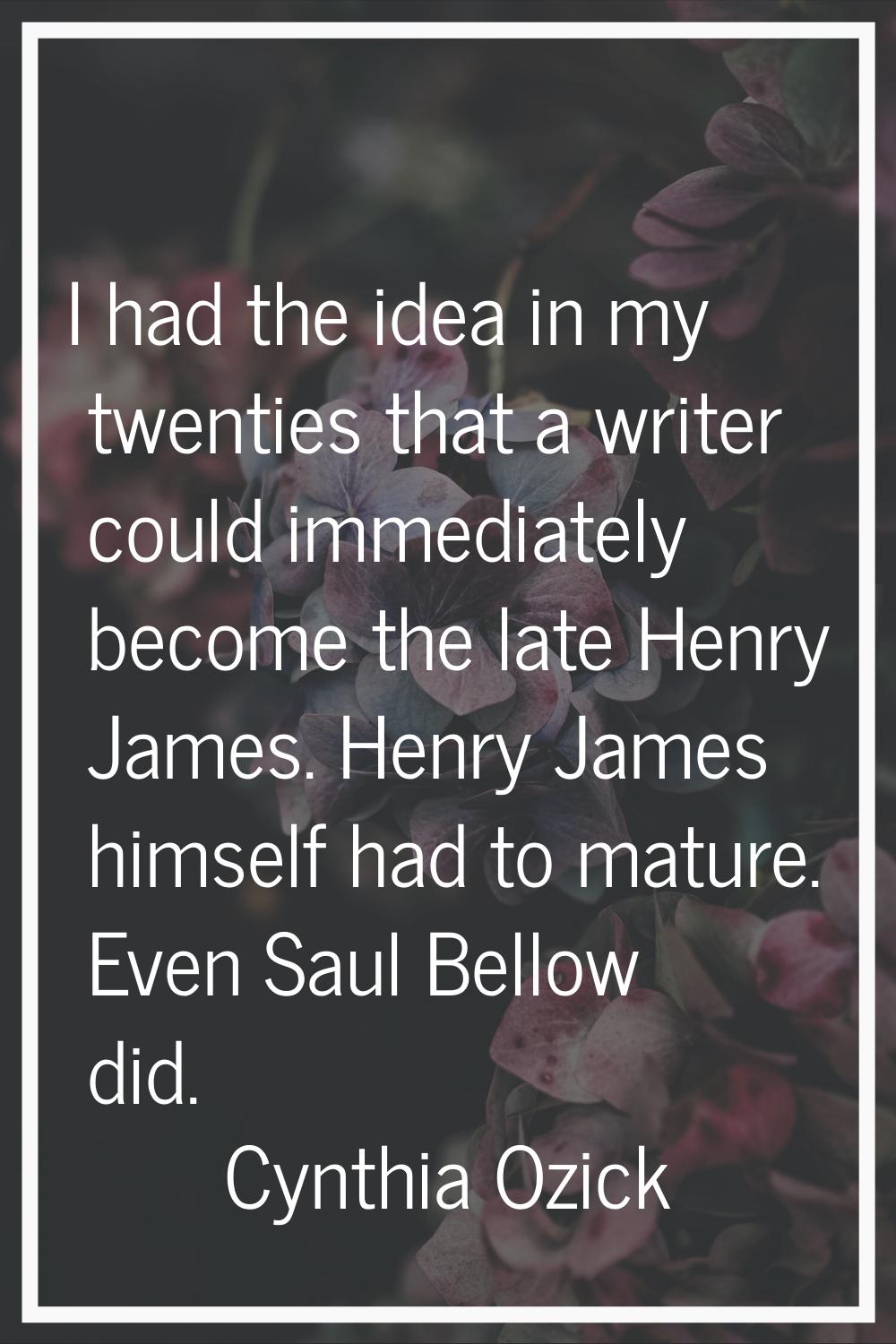 I had the idea in my twenties that a writer could immediately become the late Henry James. Henry Ja