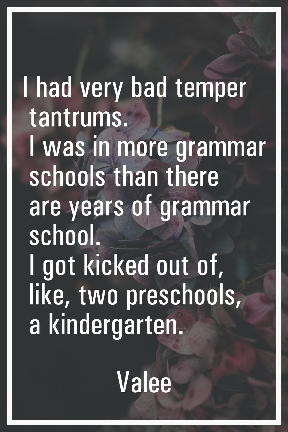 I had very bad temper tantrums. I was in more grammar schools than there are years of grammar schoo