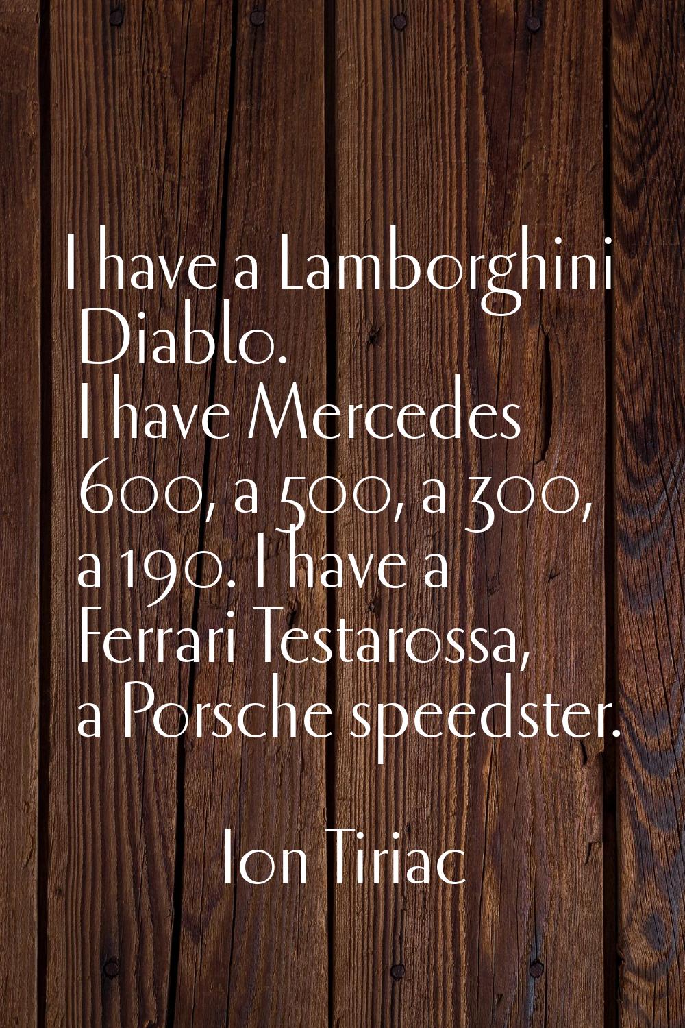 I have a Lamborghini Diablo. I have Mercedes 600, a 500, a 300, a 190. I have a Ferrari Testarossa,