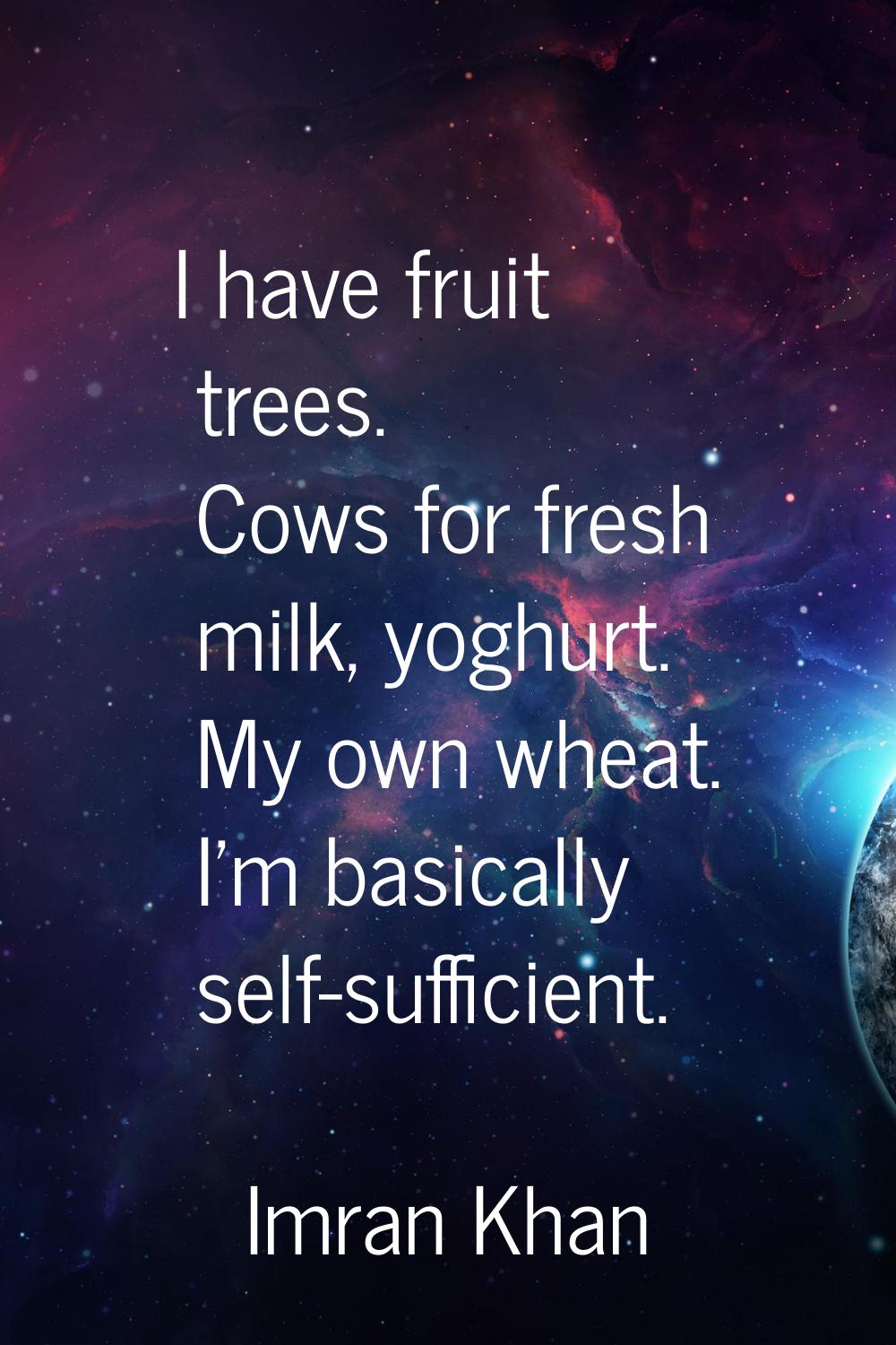 I have fruit trees. Cows for fresh milk, yoghurt. My own wheat. I'm basically self-sufficient.