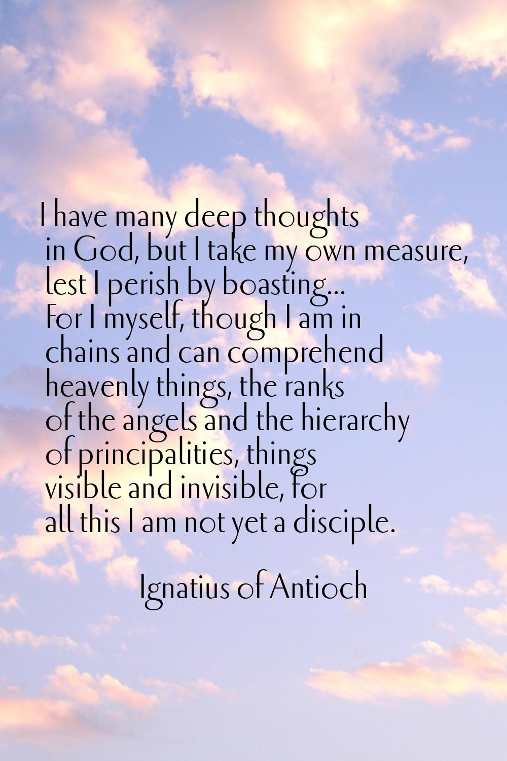 I have many deep thoughts in God, but I take my own measure, lest I perish by boasting... For I mys