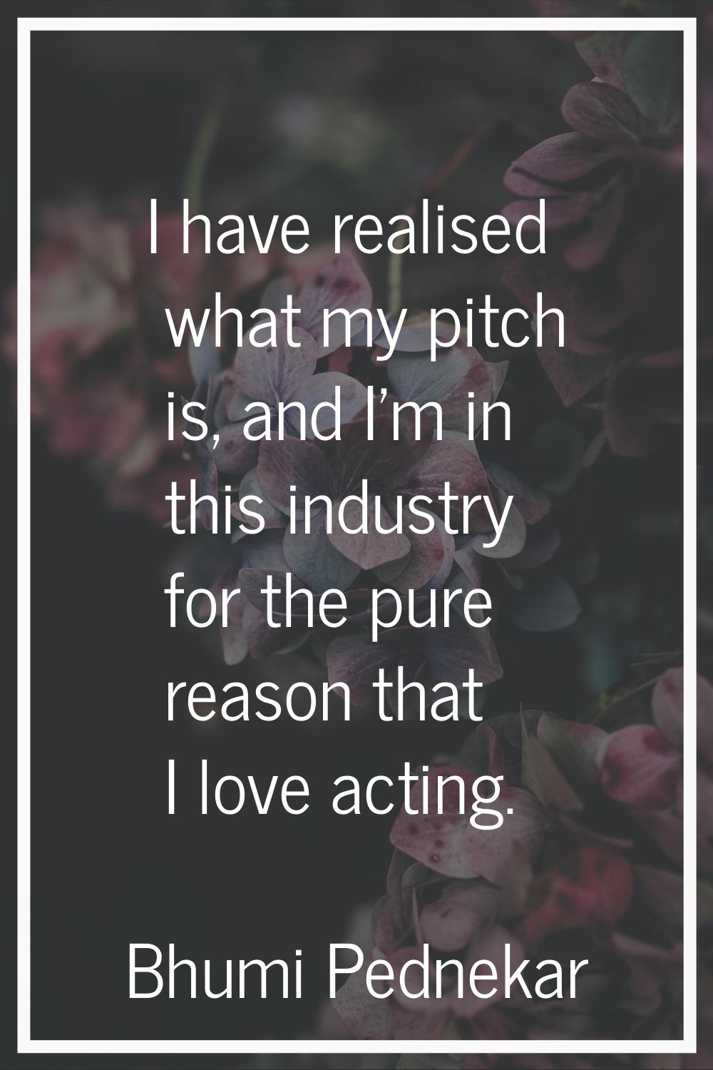 I have realised what my pitch is, and I'm in this industry for the pure reason that I love acting.