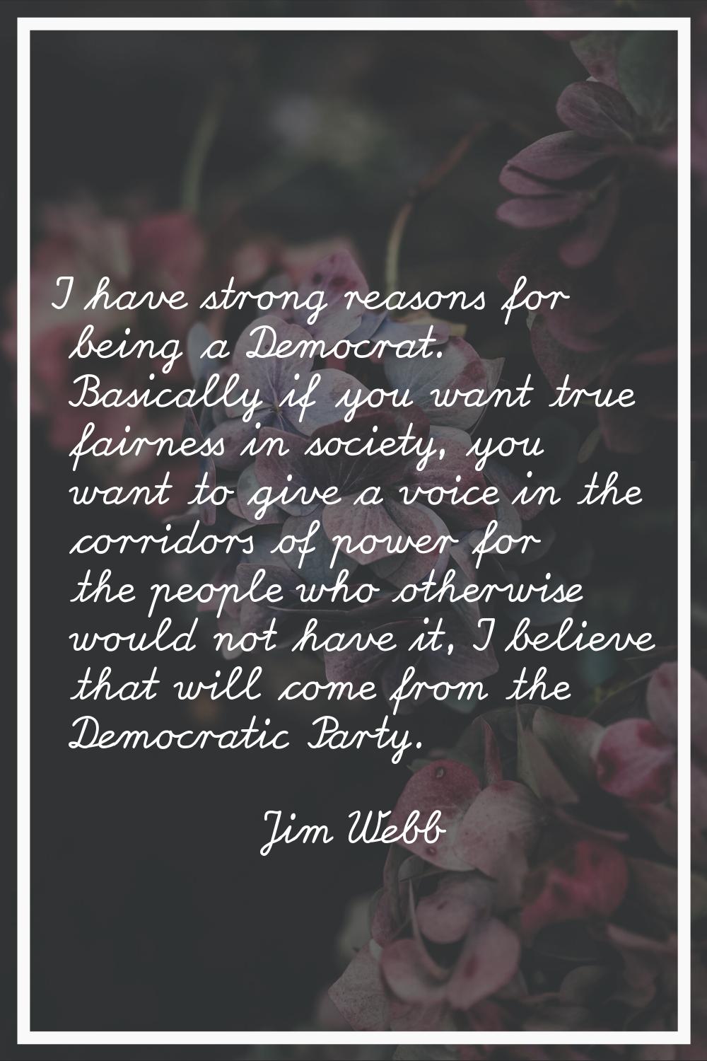 I have strong reasons for being a Democrat. Basically if you want true fairness in society, you wan