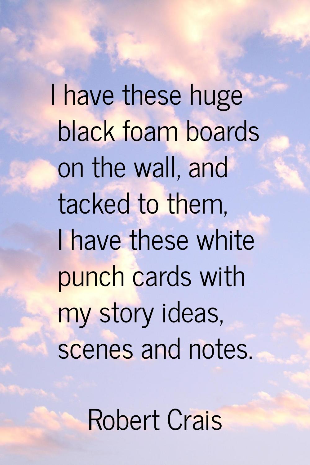 I have these huge black foam boards on the wall, and tacked to them, I have these white punch cards