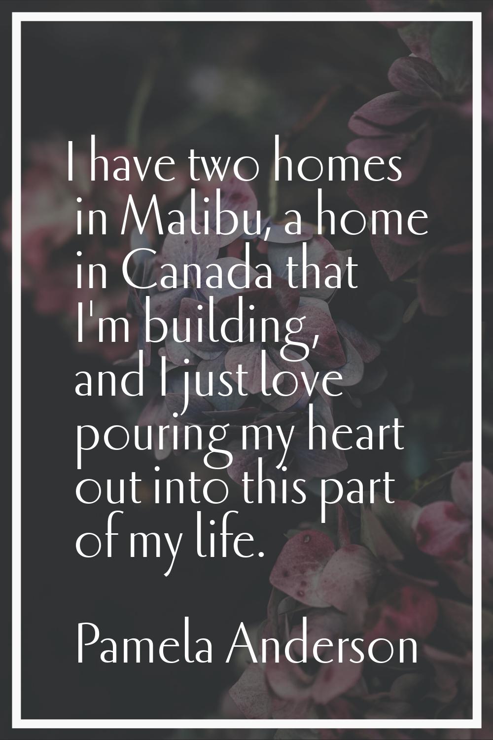 I have two homes in Malibu, a home in Canada that I'm building, and I just love pouring my heart ou