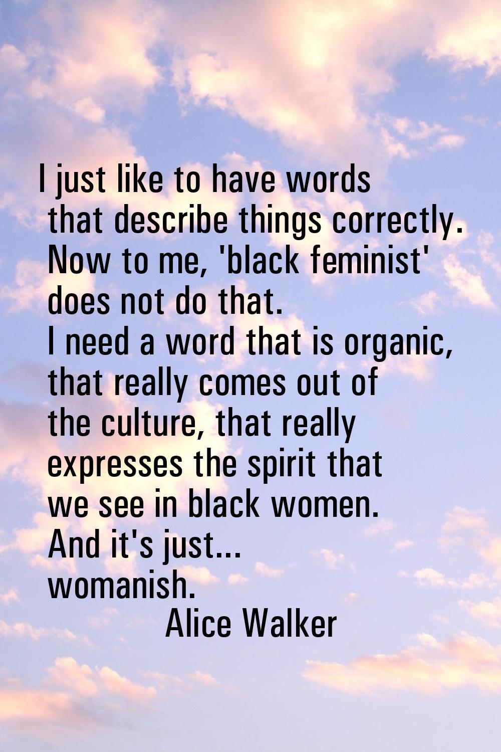 I just like to have words that describe things correctly. Now to me, 'black feminist' does not do t