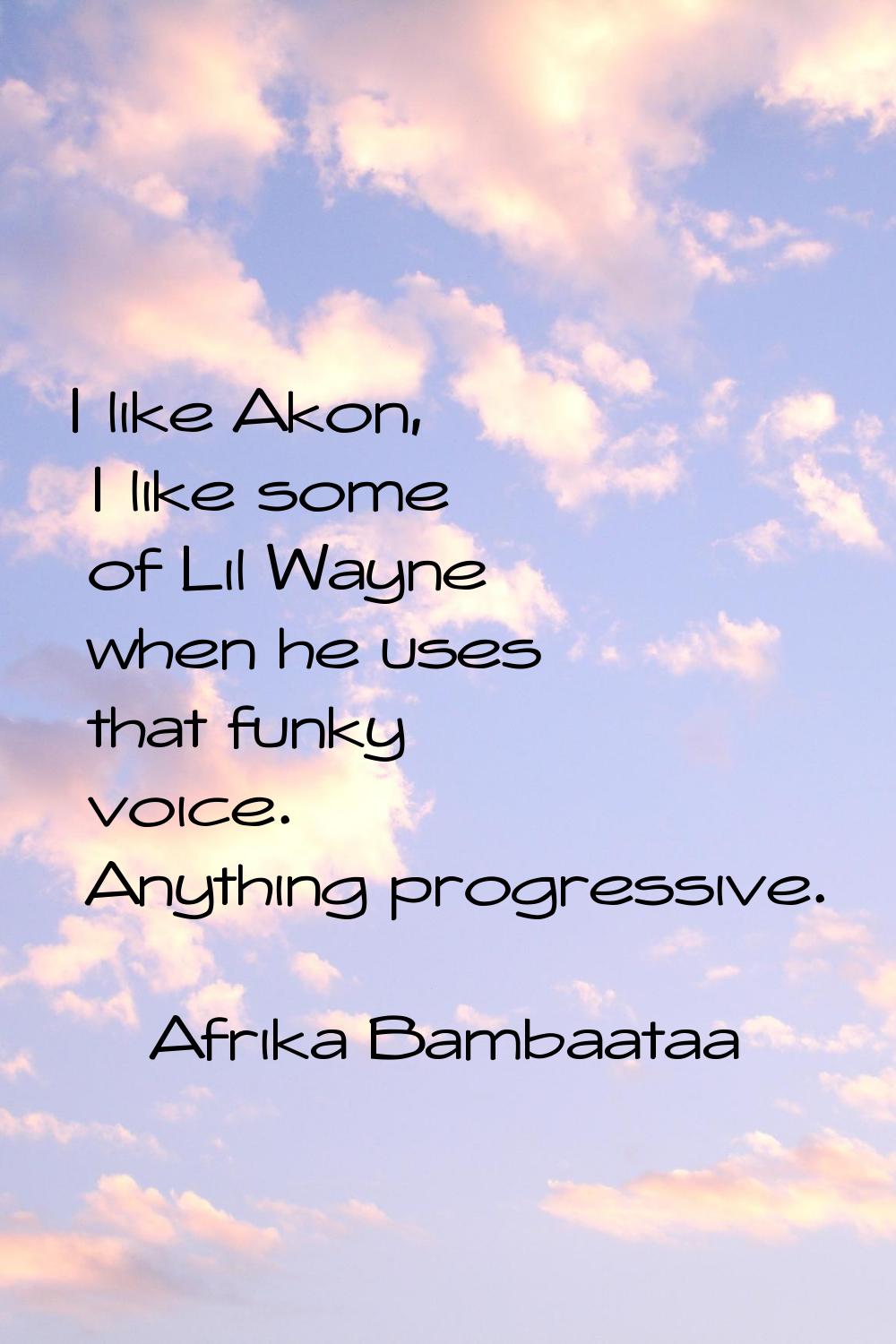 I like Akon, I like some of Lil Wayne when he uses that funky voice. Anything progressive.