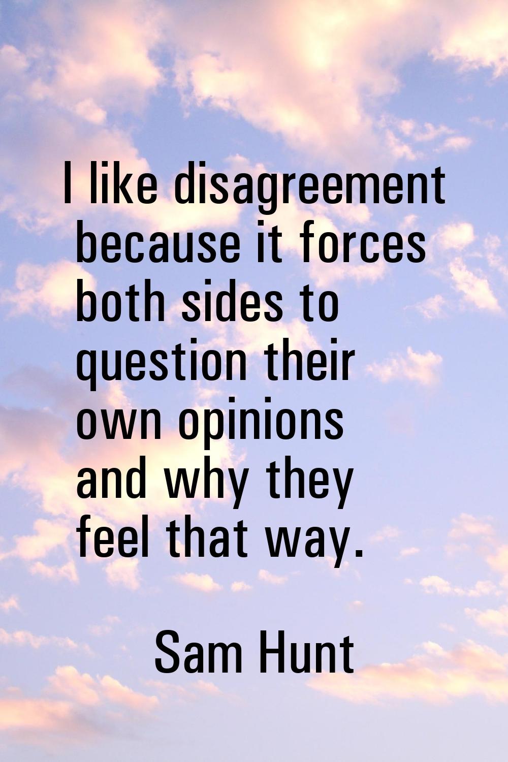 I like disagreement because it forces both sides to question their own opinions and why they feel t