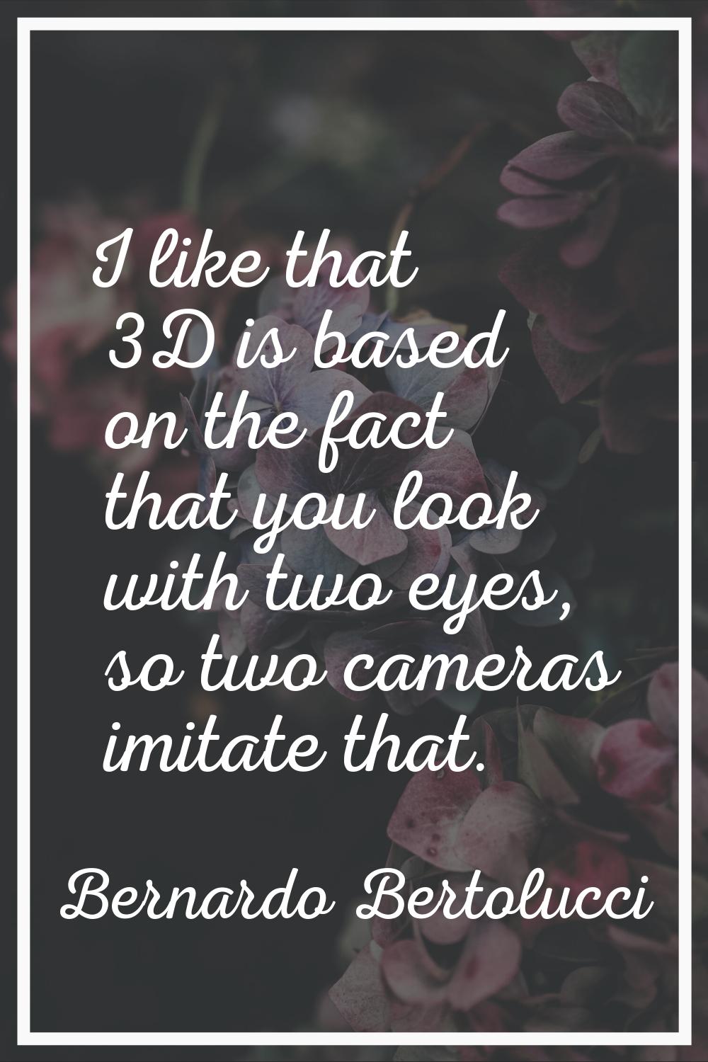 I like that 3D is based on the fact that you look with two eyes, so two cameras imitate that.