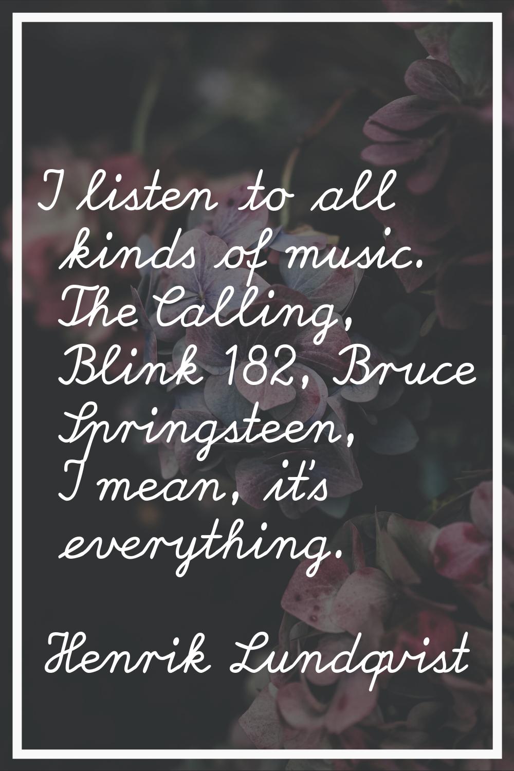 I listen to all kinds of music. The Calling, Blink 182, Bruce Springsteen, I mean, it's everything.