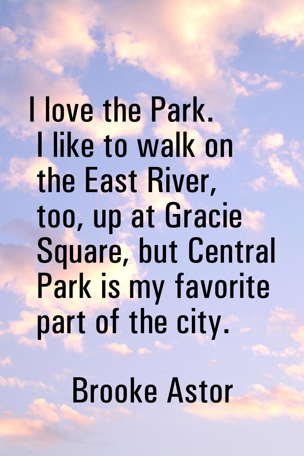 I love the Park. I like to walk on the East River, too, up at Gracie Square, but Central Park is my