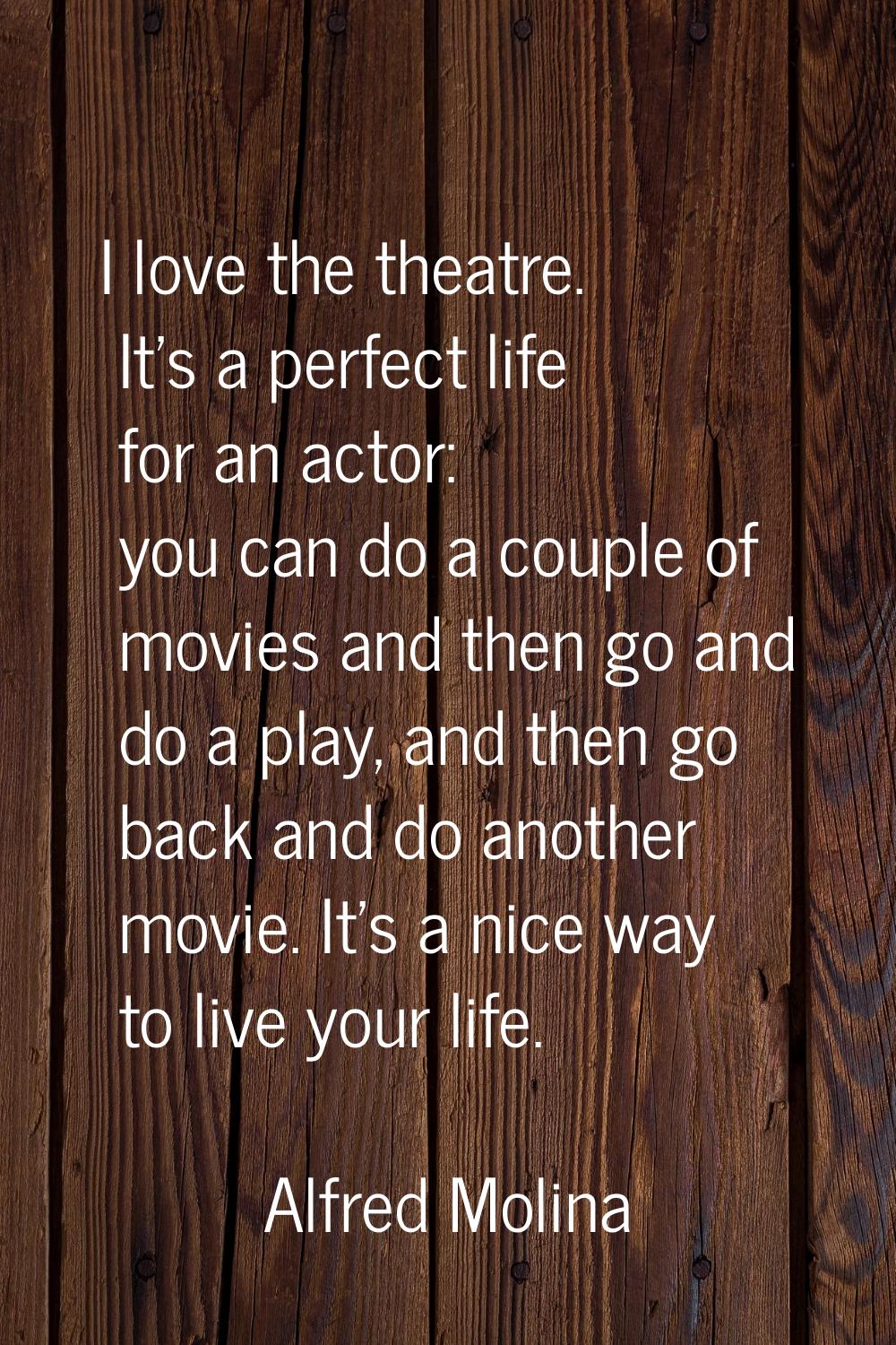 I love the theatre. It's a perfect life for an actor: you can do a couple of movies and then go and