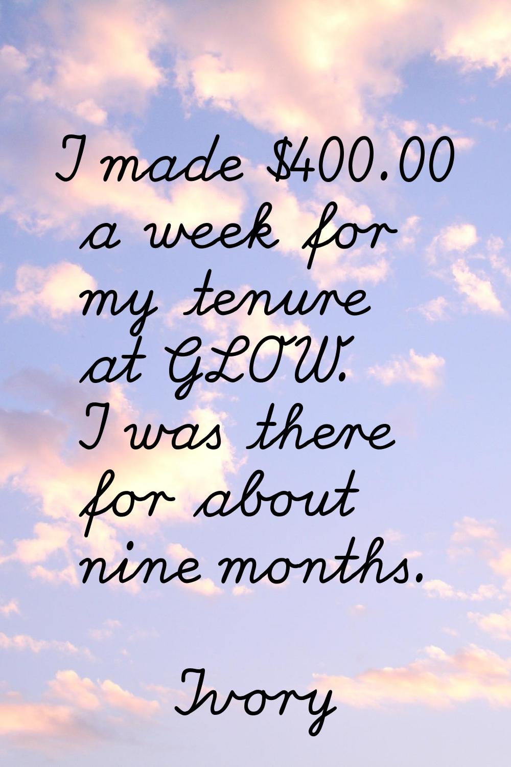 I made $400.00 a week for my tenure at GLOW. I was there for about nine months.