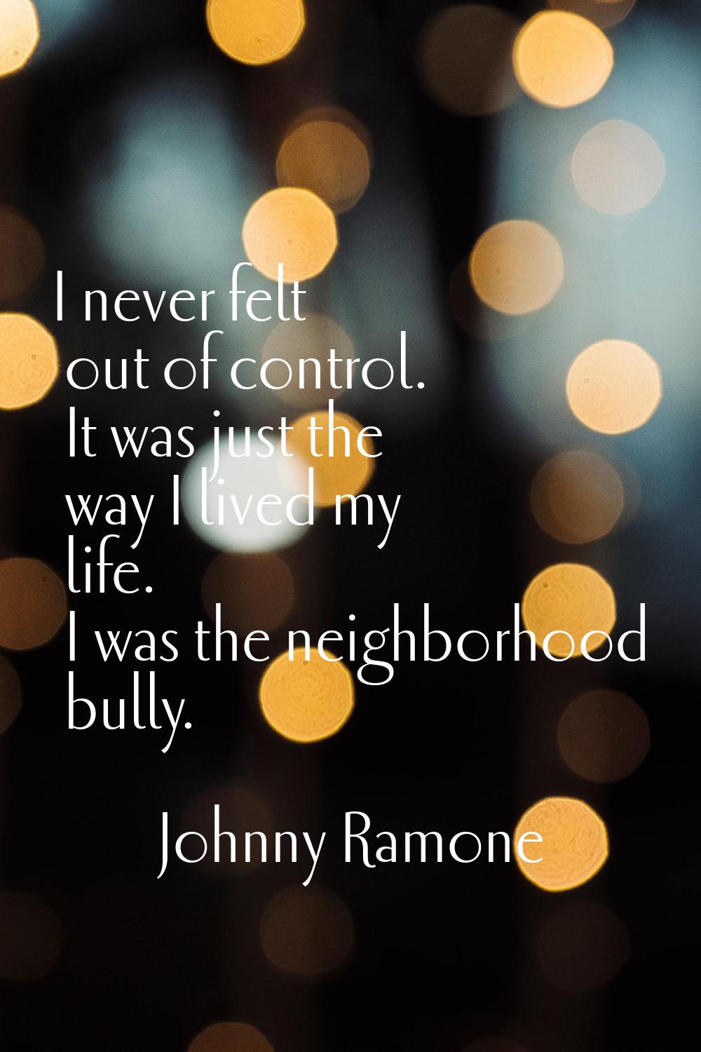 I never felt out of control. It was just the way I lived my life. I was the neighborhood bully.