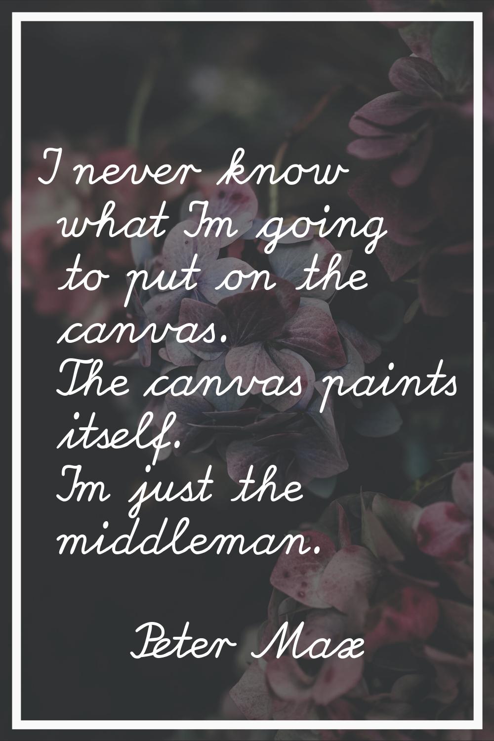 I never know what I'm going to put on the canvas. The canvas paints itself. I'm just the middleman.