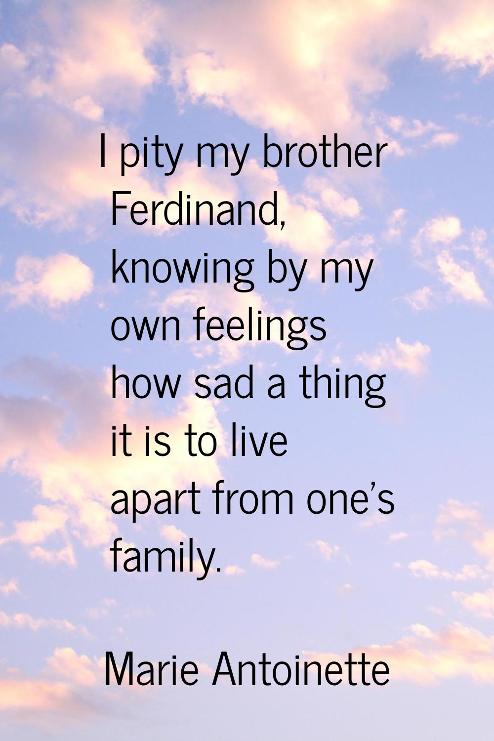 I pity my brother Ferdinand, knowing by my own feelings how sad a thing it is to live apart from on