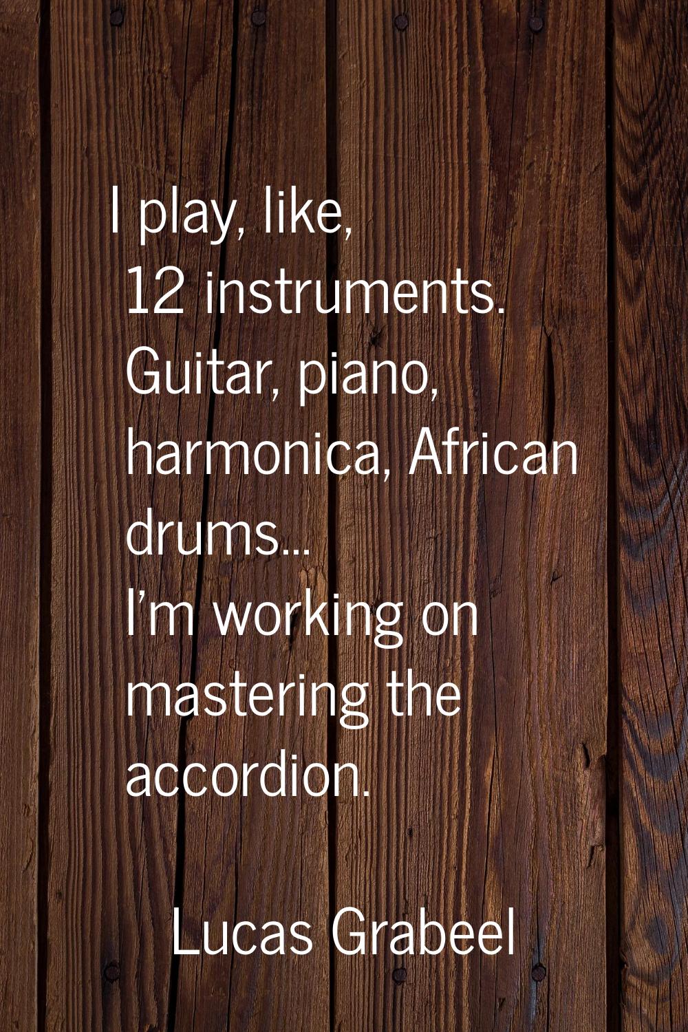 I play, like, 12 instruments. Guitar, piano, harmonica, African drums... I'm working on mastering t