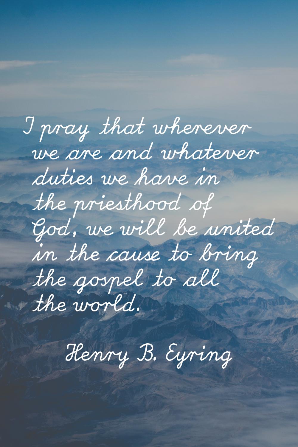 I pray that wherever we are and whatever duties we have in the priesthood of God, we will be united