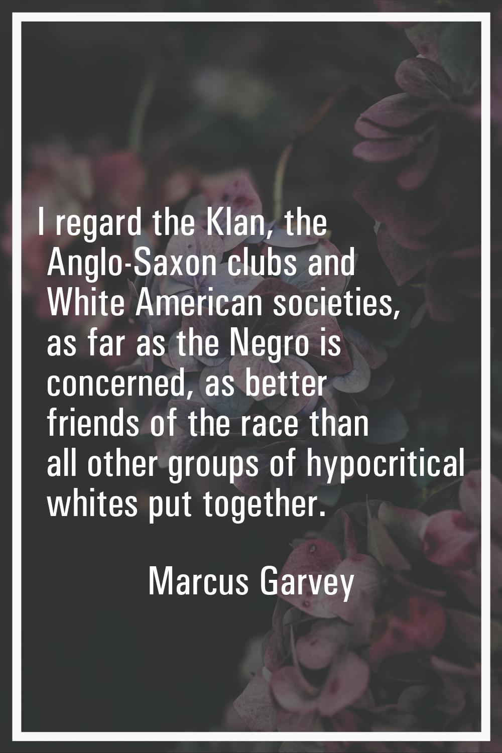 I regard the Klan, the Anglo-Saxon clubs and White American societies, as far as the Negro is conce