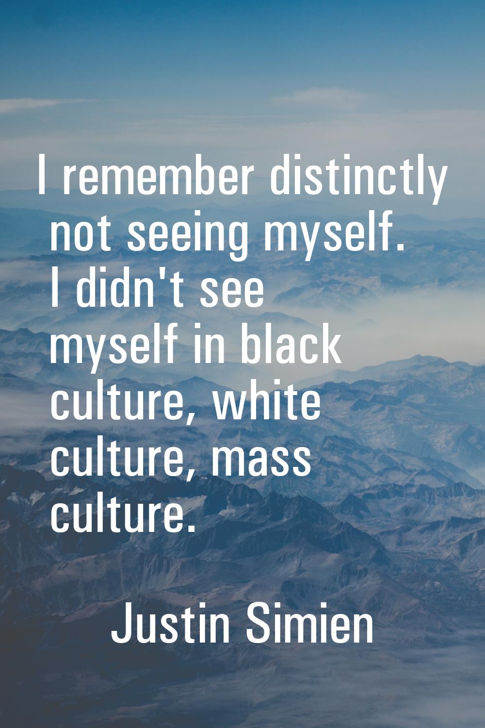 I remember distinctly not seeing myself. I didn't see myself in black culture, white culture, mass 