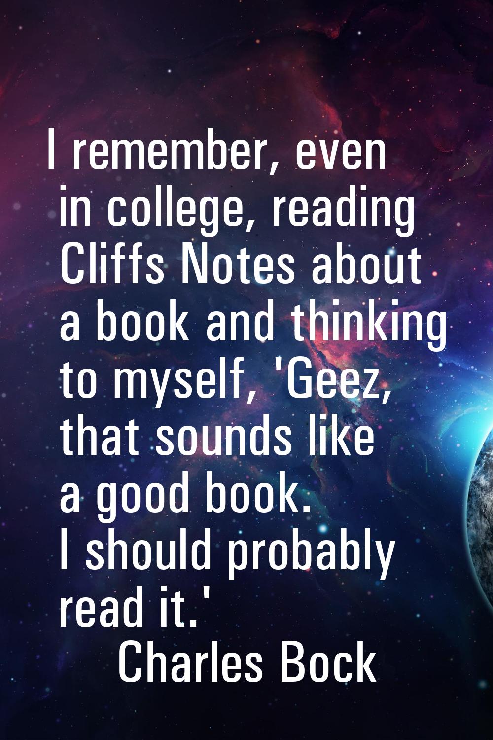 I remember, even in college, reading Cliffs Notes about a book and thinking to myself, 'Geez, that 
