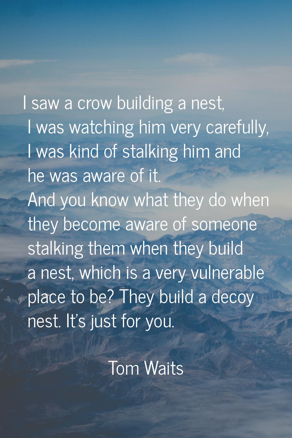 I saw a crow building a nest, I was watching him very carefully, I was kind of stalking him and he 