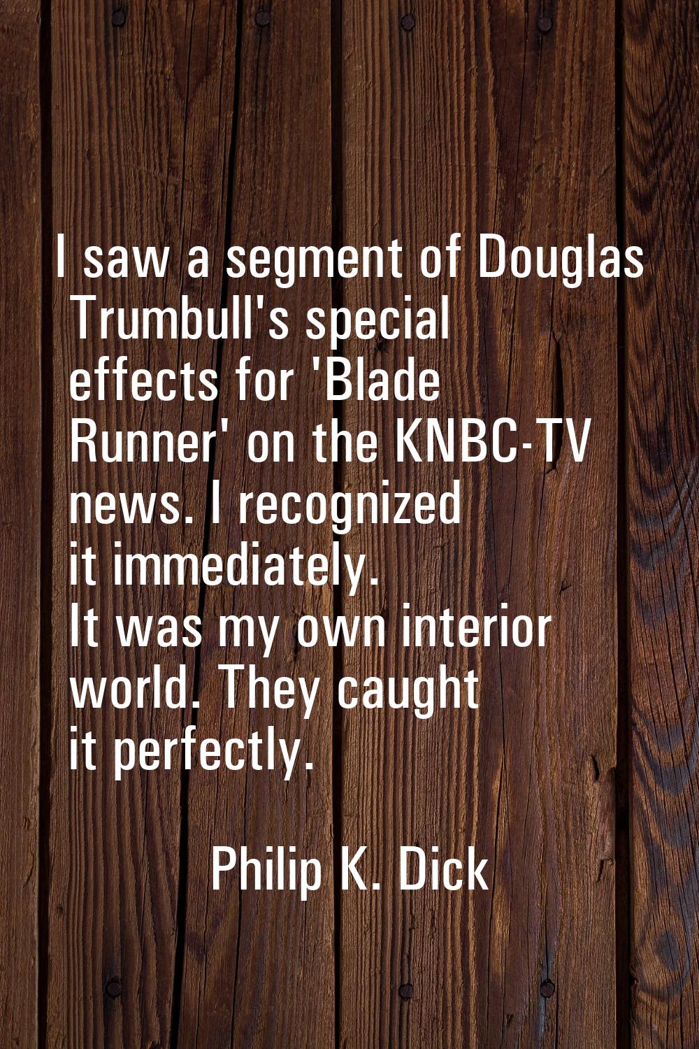 I saw a segment of Douglas Trumbull's special effects for 'Blade Runner' on the KNBC-TV news. I rec