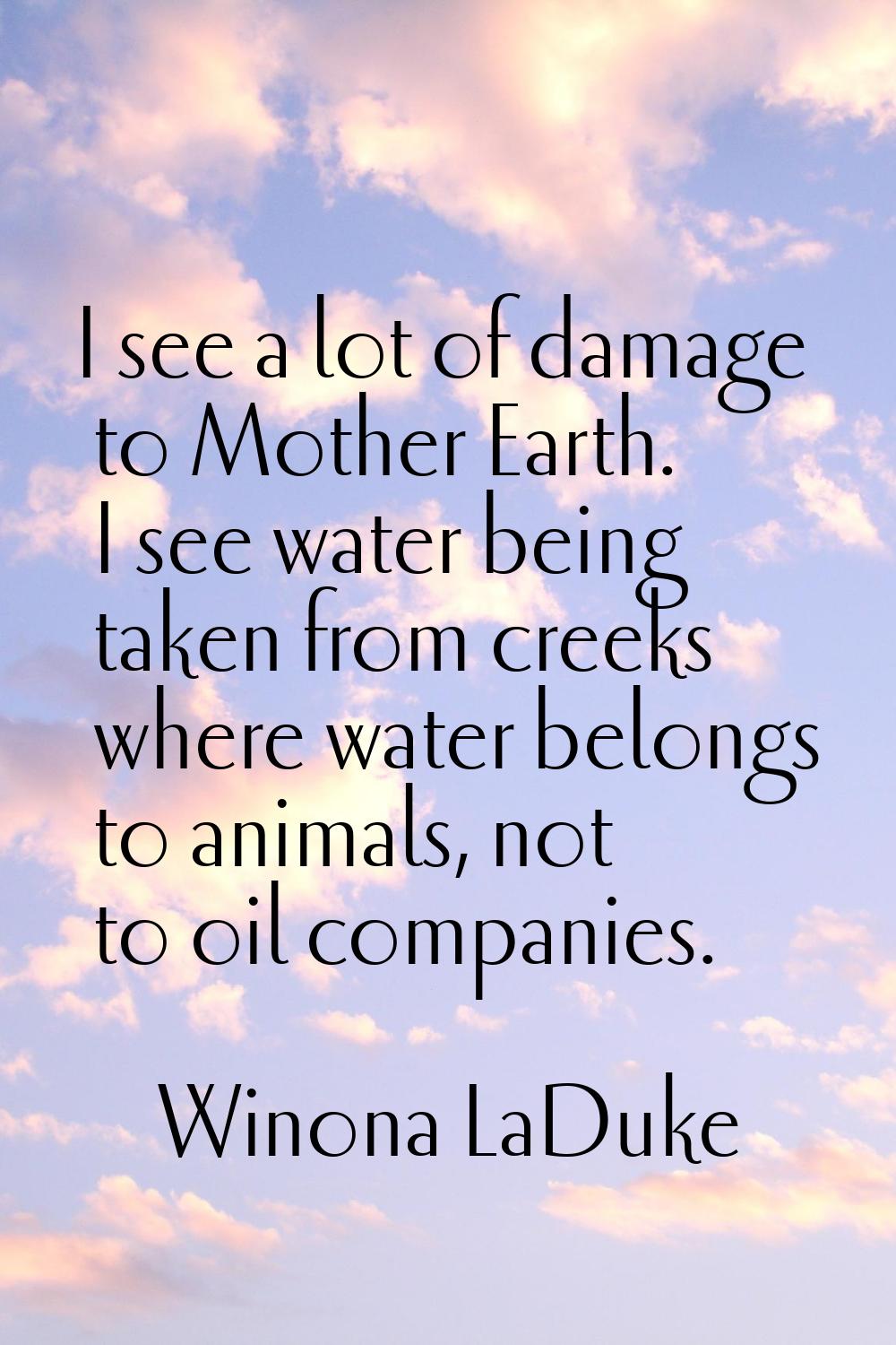 I see a lot of damage to Mother Earth. I see water being taken from creeks where water belongs to a
