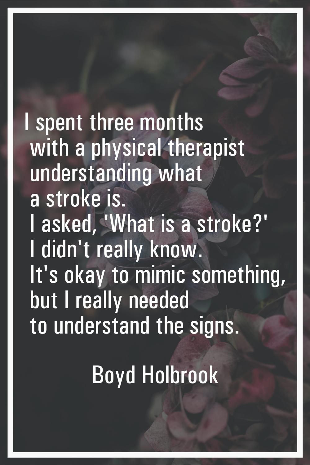 I spent three months with a physical therapist understanding what a stroke is. I asked, 'What is a 