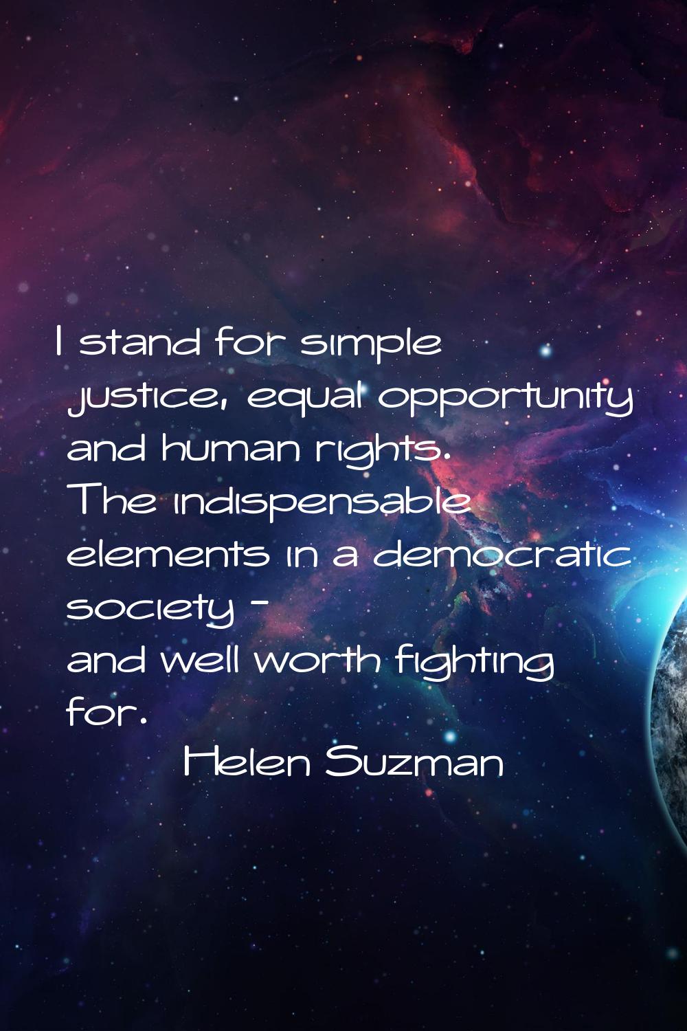 I stand for simple justice, equal opportunity and human rights. The indispensable elements in a dem