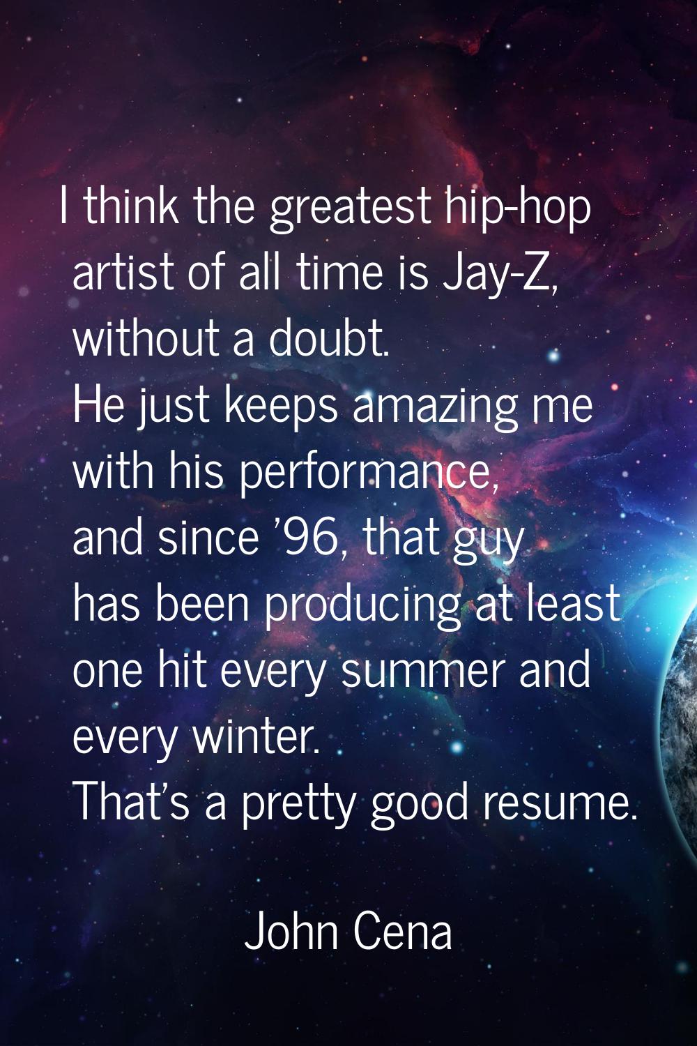 I think the greatest hip-hop artist of all time is Jay-Z, without a doubt. He just keeps amazing me