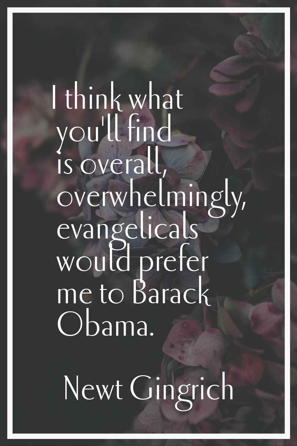 I think what you'll find is overall, overwhelmingly, evangelicals would prefer me to Barack Obama.