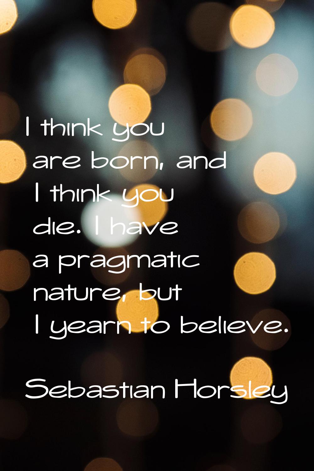 I think you are born, and I think you die. I have a pragmatic nature, but I yearn to believe.