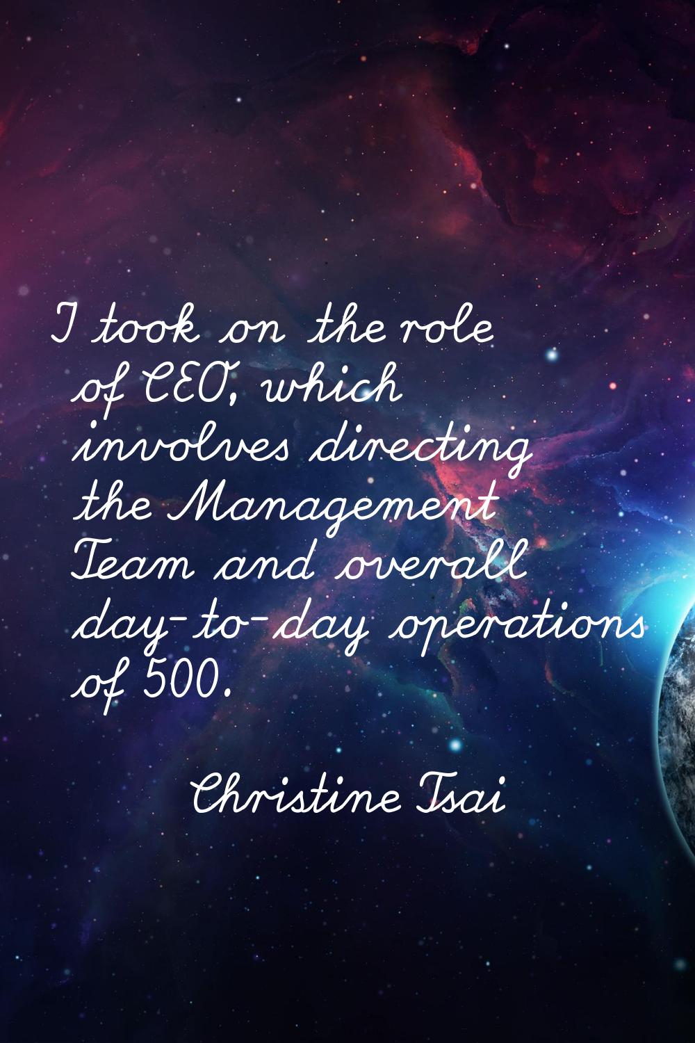I took on the role of CEO, which involves directing the Management Team and overall day-to-day oper