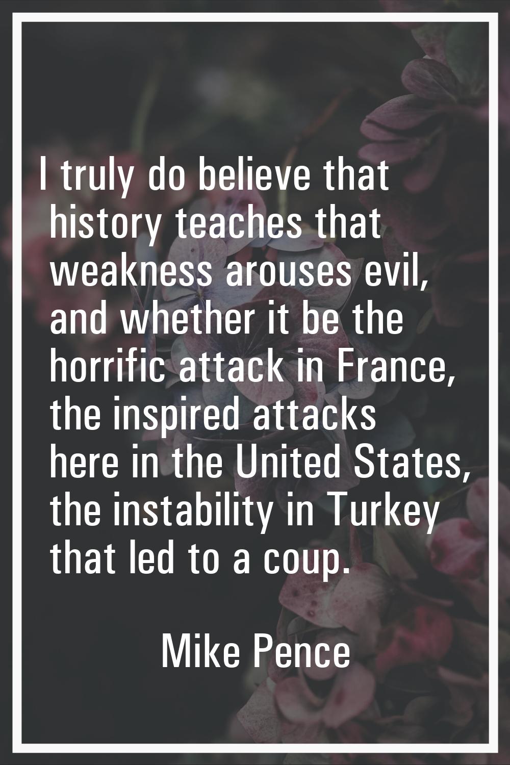 I truly do believe that history teaches that weakness arouses evil, and whether it be the horrific 