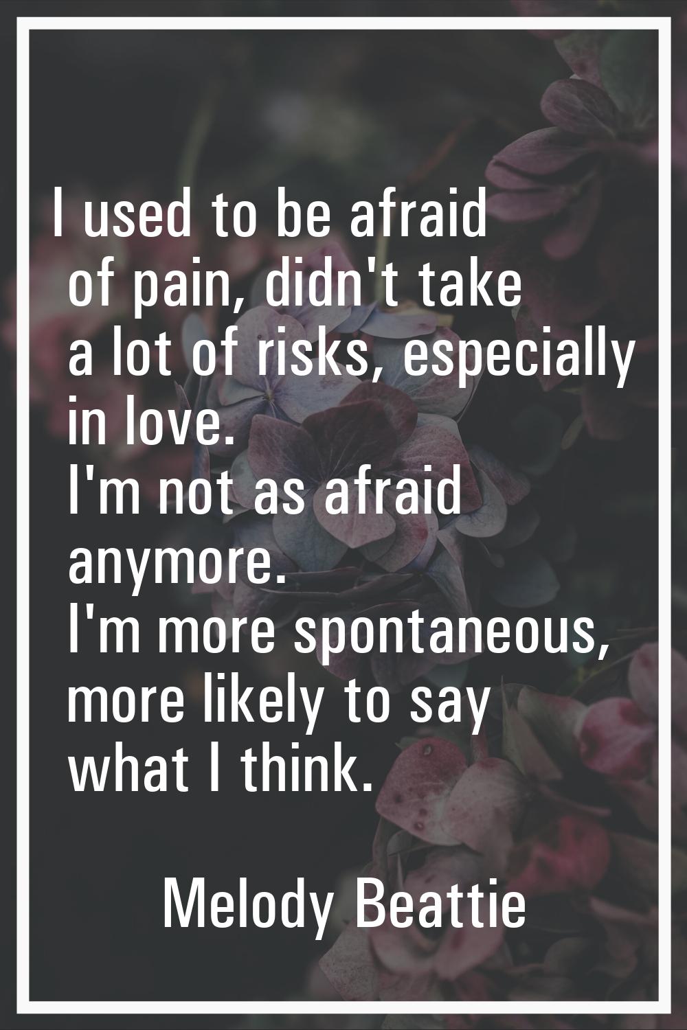 I used to be afraid of pain, didn't take a lot of risks, especially in love. I'm not as afraid anym