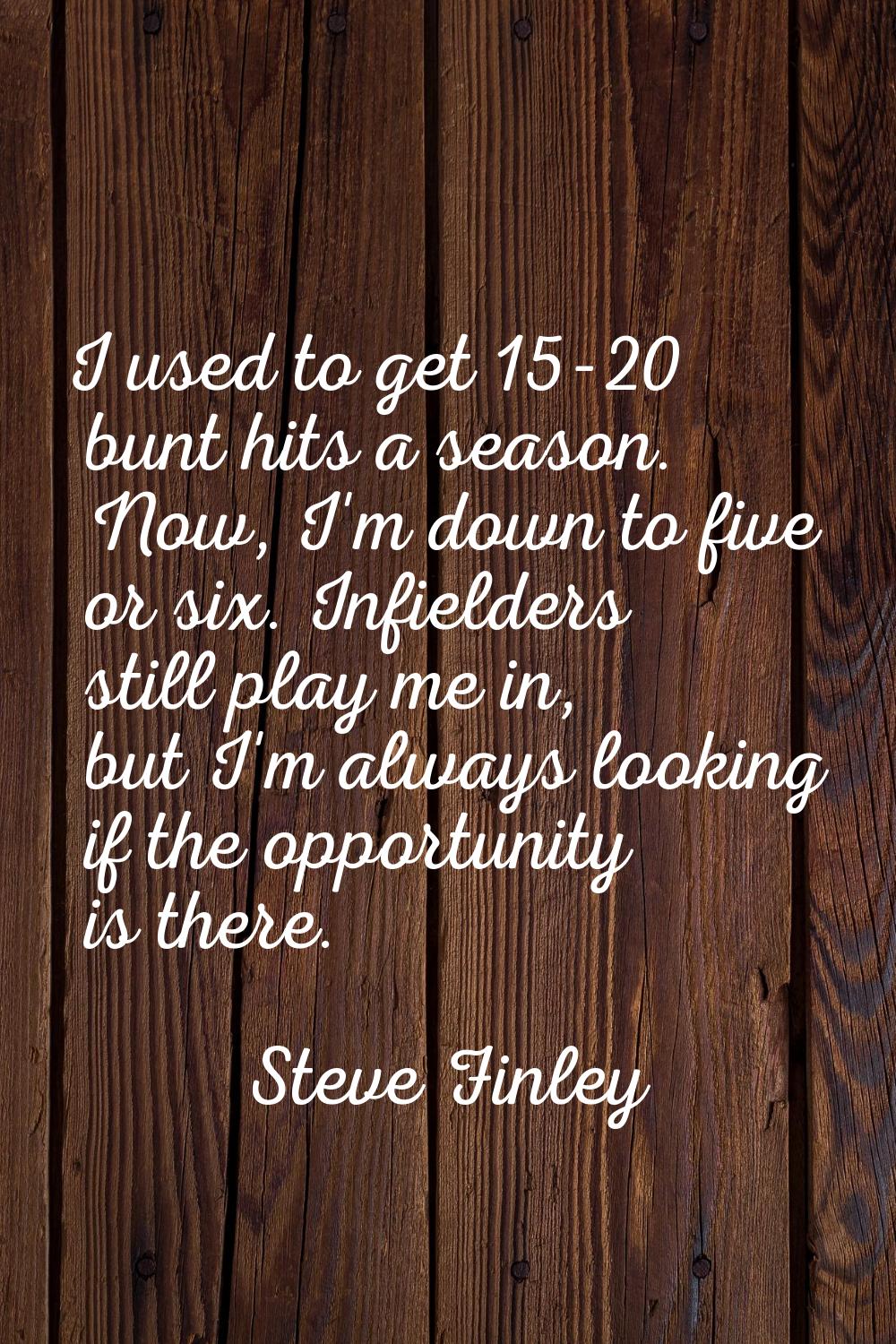 I used to get 15-20 bunt hits a season. Now, I'm down to five or six. Infielders still play me in, 