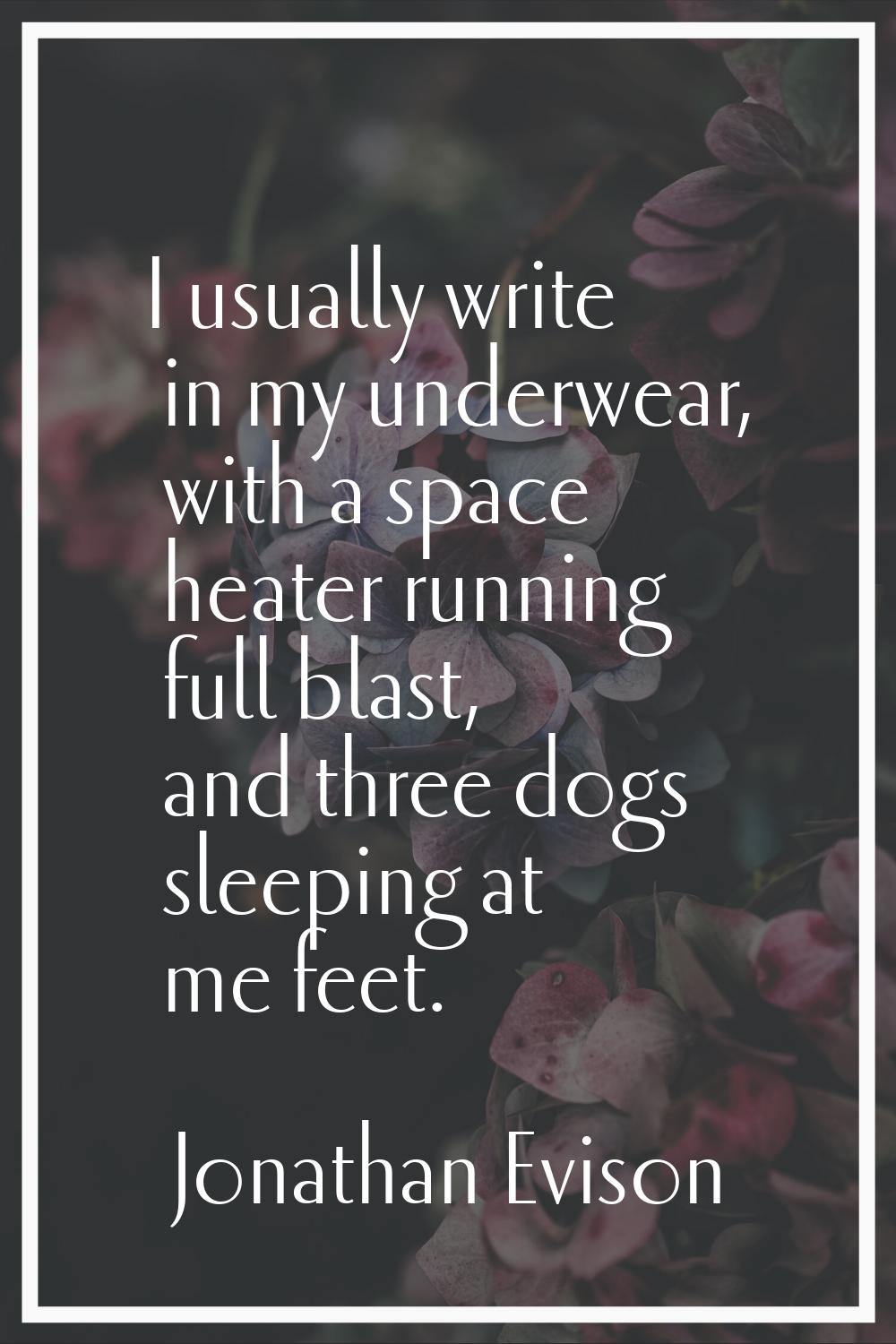 I usually write in my underwear, with a space heater running full blast, and three dogs sleeping at