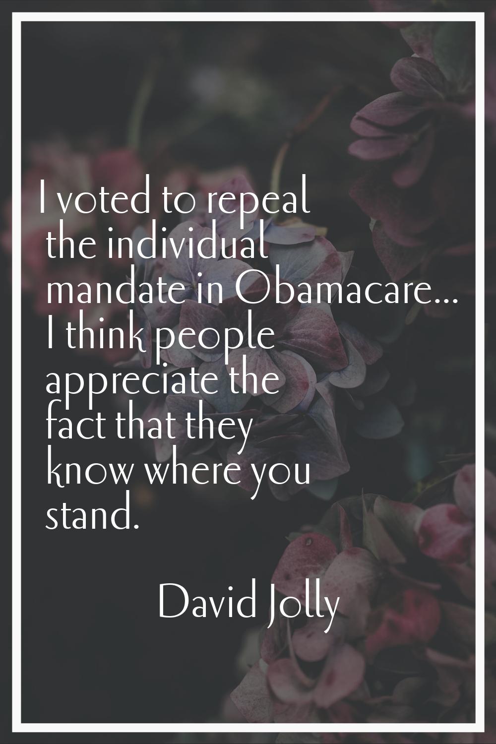 I voted to repeal the individual mandate in Obamacare... I think people appreciate the fact that th