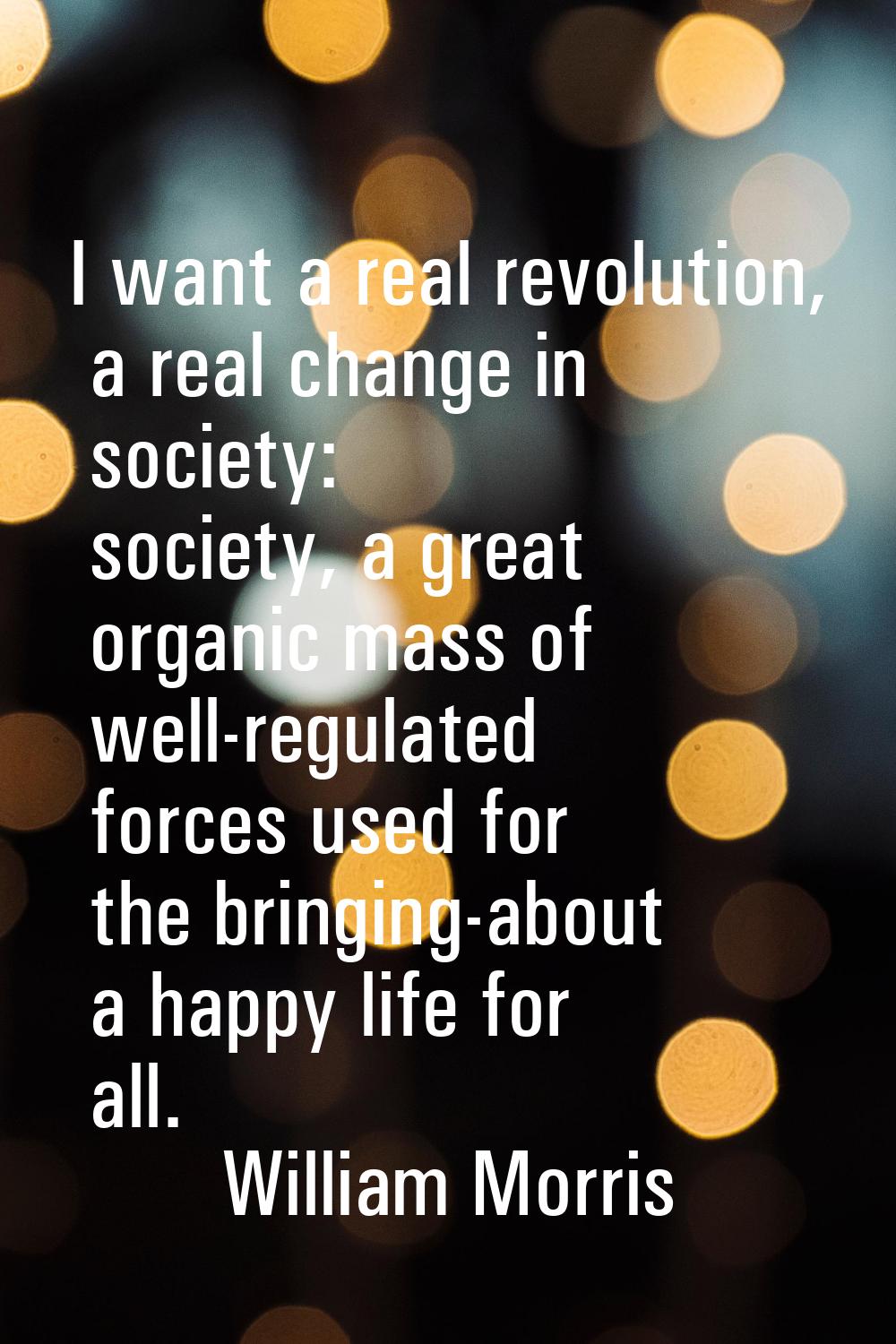 I want a real revolution, a real change in society: society, a great organic mass of well-regulated