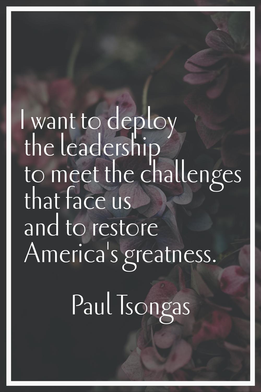 I want to deploy the leadership to meet the challenges that face us and to restore America's greatn