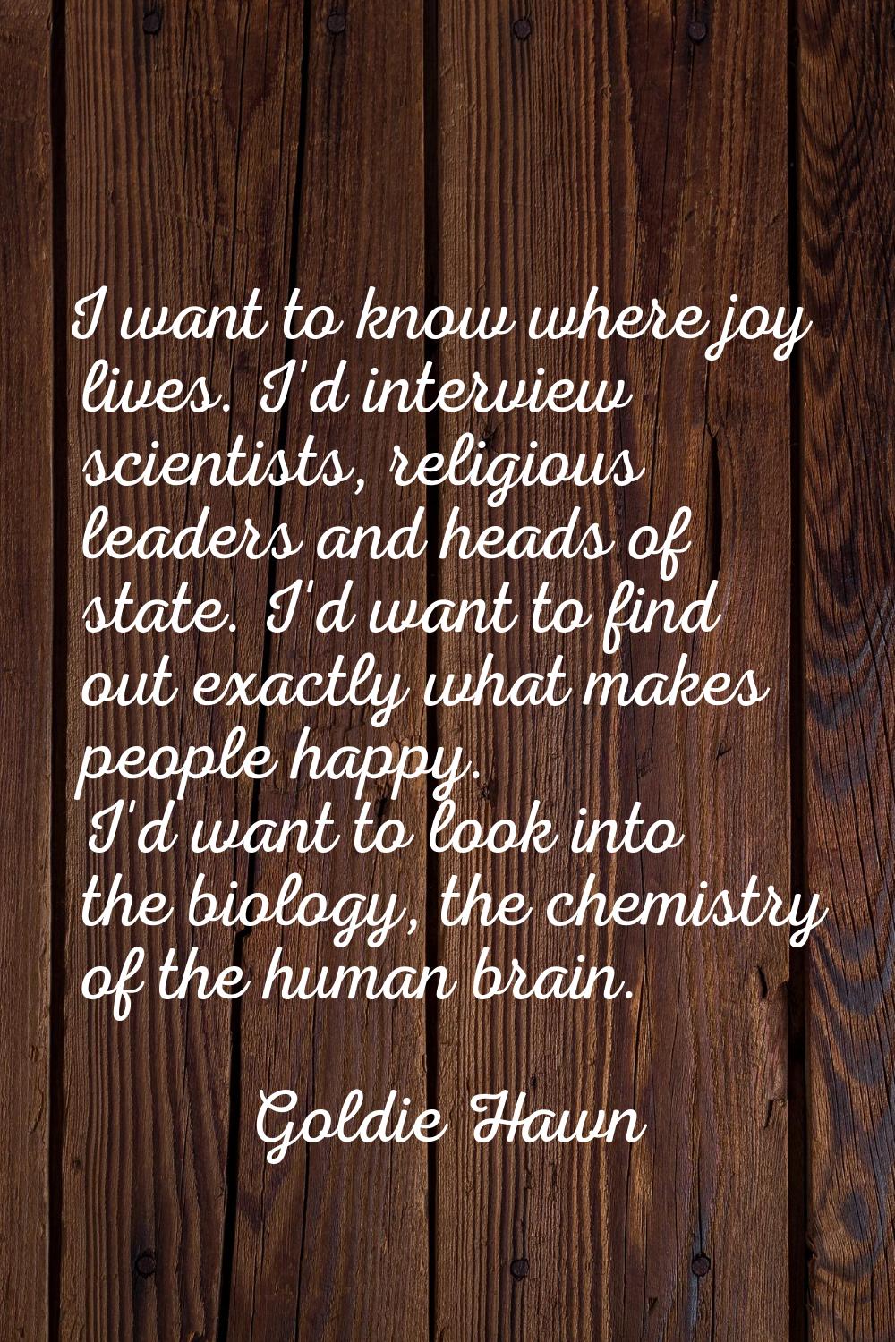 I want to know where joy lives. I'd interview scientists, religious leaders and heads of state. I'd
