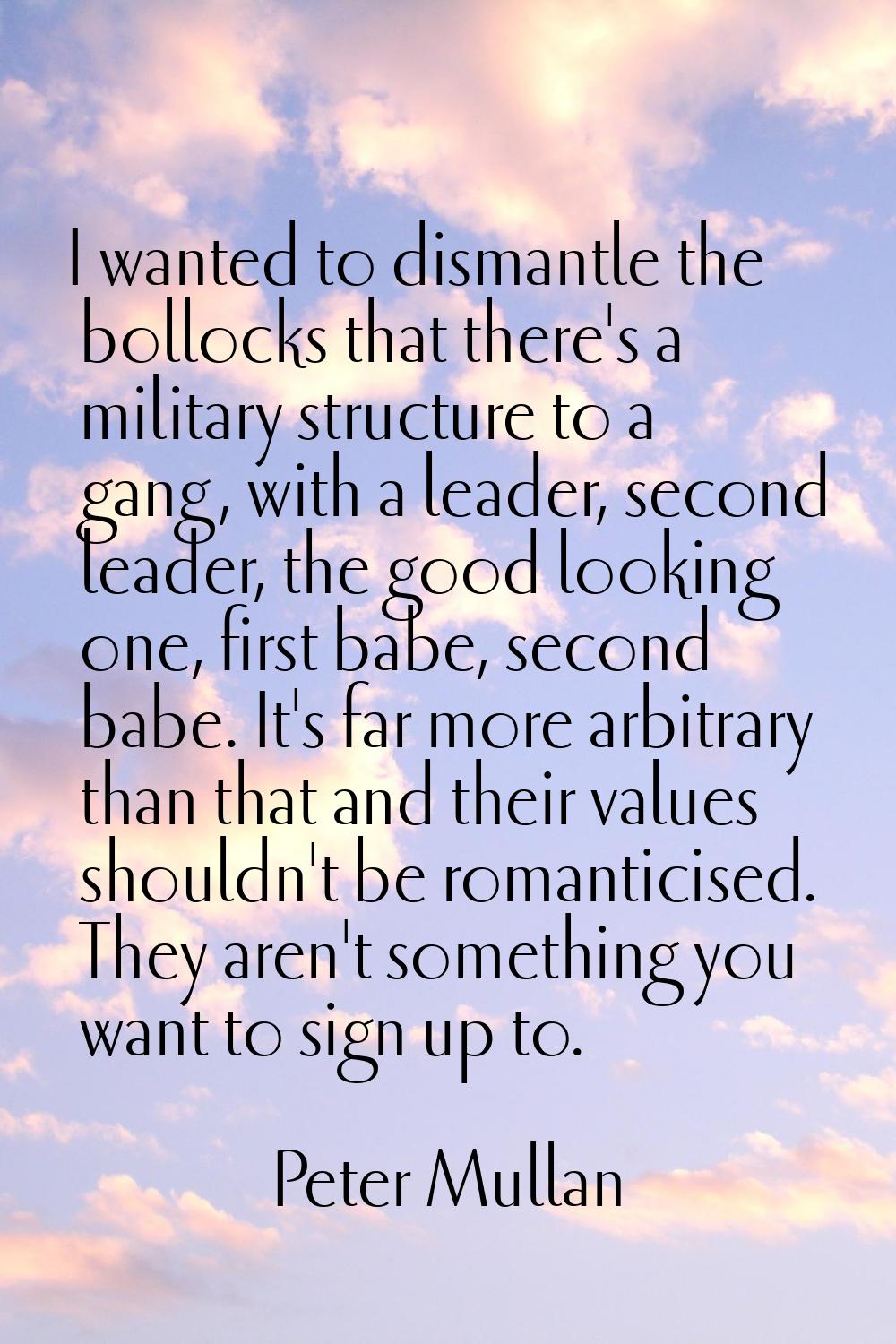 I wanted to dismantle the bollocks that there's a military structure to a gang, with a leader, seco
