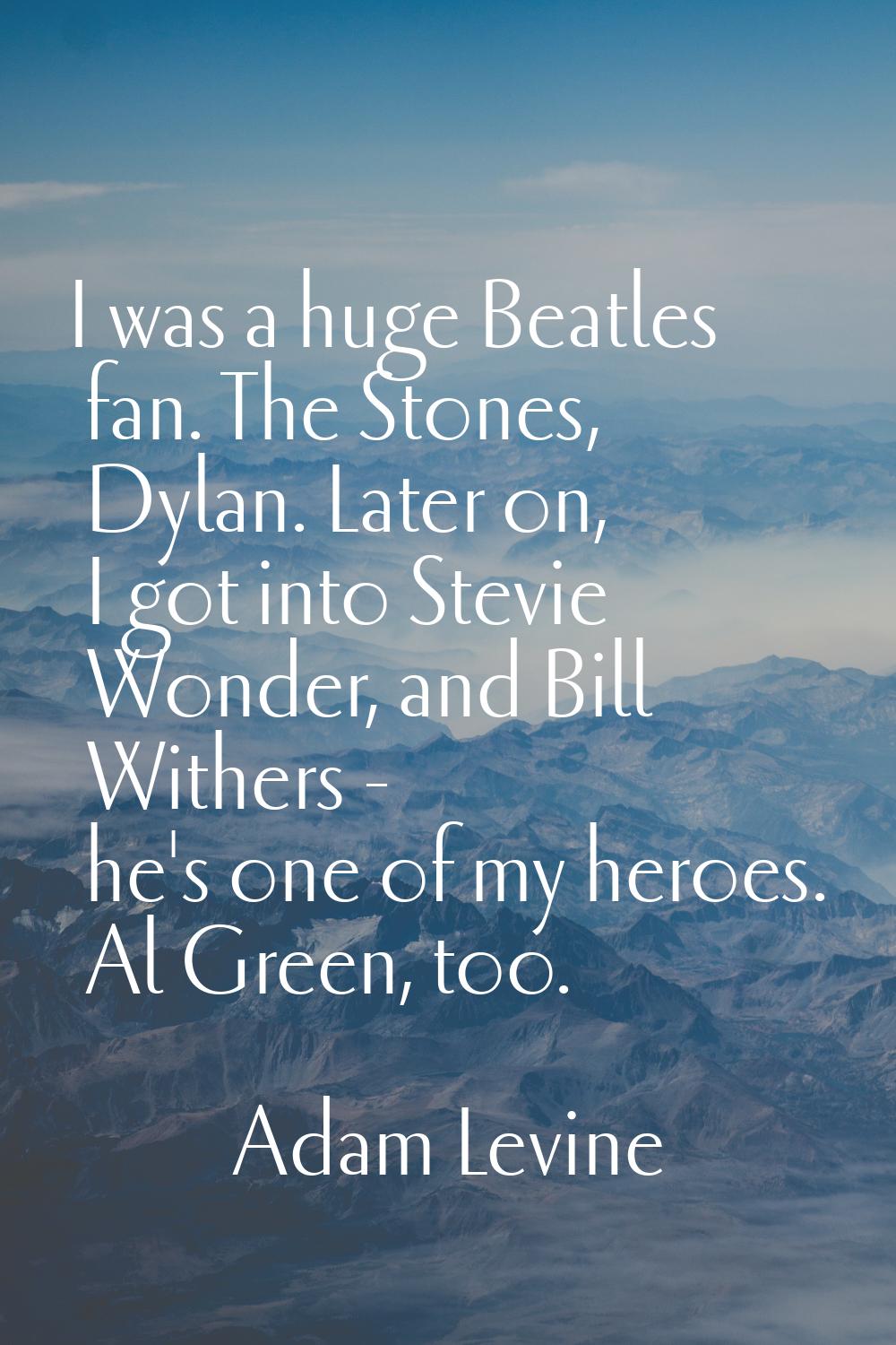 I was a huge Beatles fan. The Stones, Dylan. Later on, I got into Stevie Wonder, and Bill Withers -
