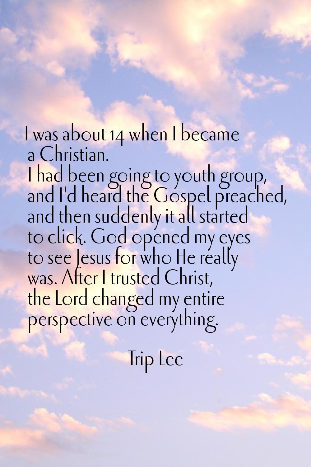 I was about 14 when I became a Christian. I had been going to youth group, and I'd heard the Gospel