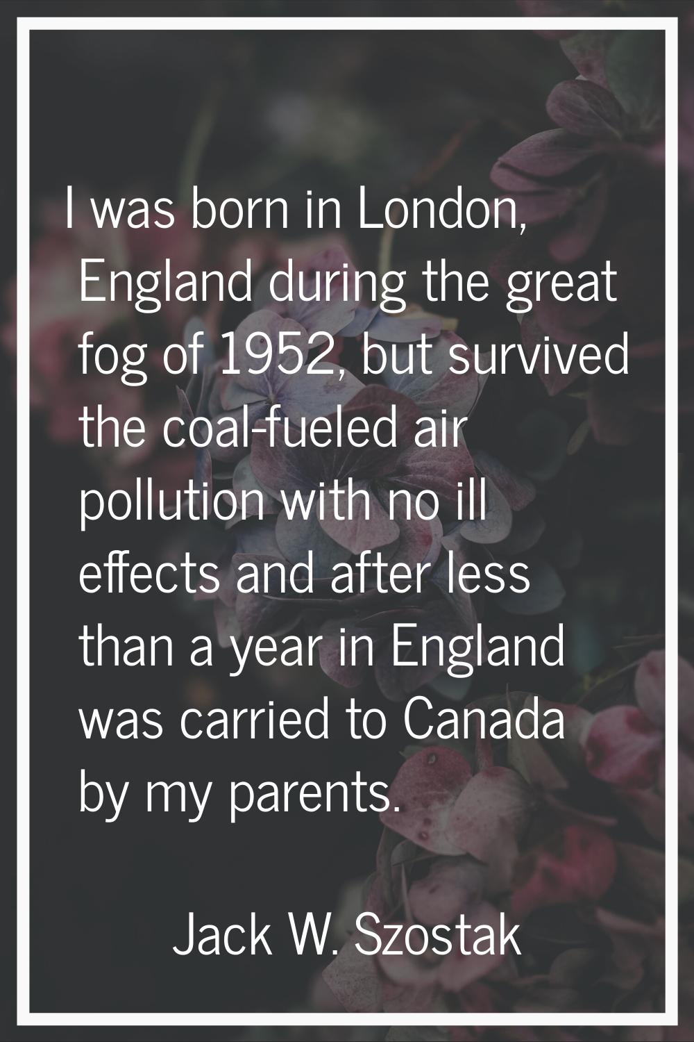 I was born in London, England during the great fog of 1952, but survived the coal-fueled air pollut